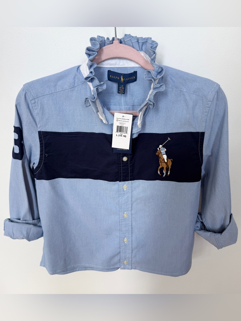 Ralph Lauren Light Blue Oxford Shirt with Navy Chest Stripe and Polo Player